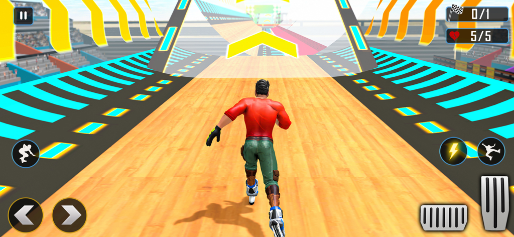 Roller Skate Downhill Racing - A character roller skating down an orange track inside a large stadium arena in Roller Skate Downhill Racing.