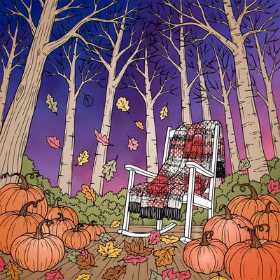 a cozy autumn porch with pumpkins, blankets, rocking chair, falling leaves, highly detailed line art.  there are trees