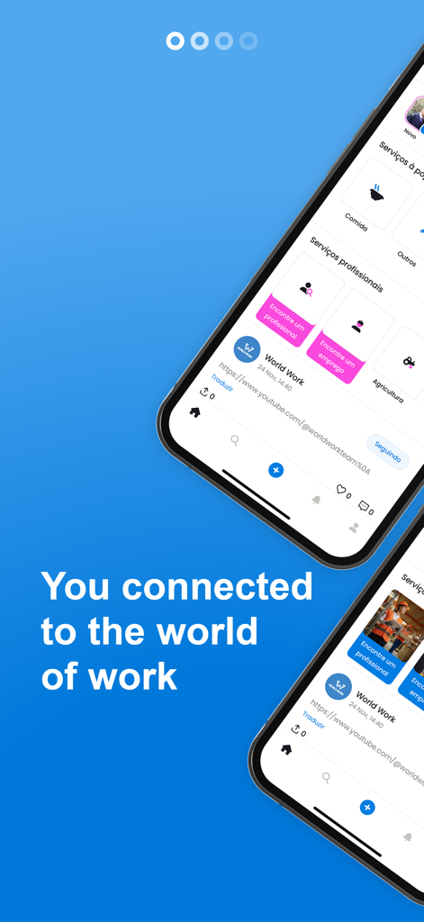 Pantallas de la aplicación World Work mostrando categorías de servicios profesionales y funciones de búsqueda de empleo con el eslogan Estás conectado al mundo del trabajo.