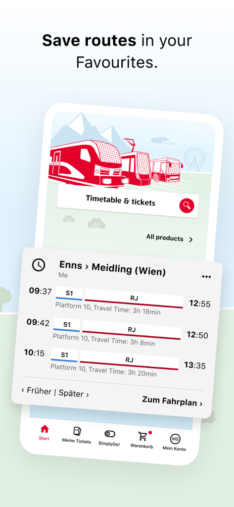 OBB Tickets app interface showing saved travel routes and timetable options for a train trip from Enns to Vienna.