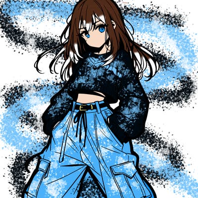 anime teen girl with baggy pants and crop top with sweater