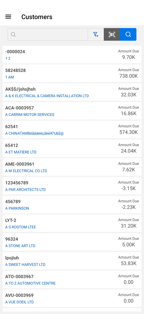 Schermata di gestione clienti nell'app Elastik che mostra un elenco di nomi aziendali e importi dovuti in sospeso