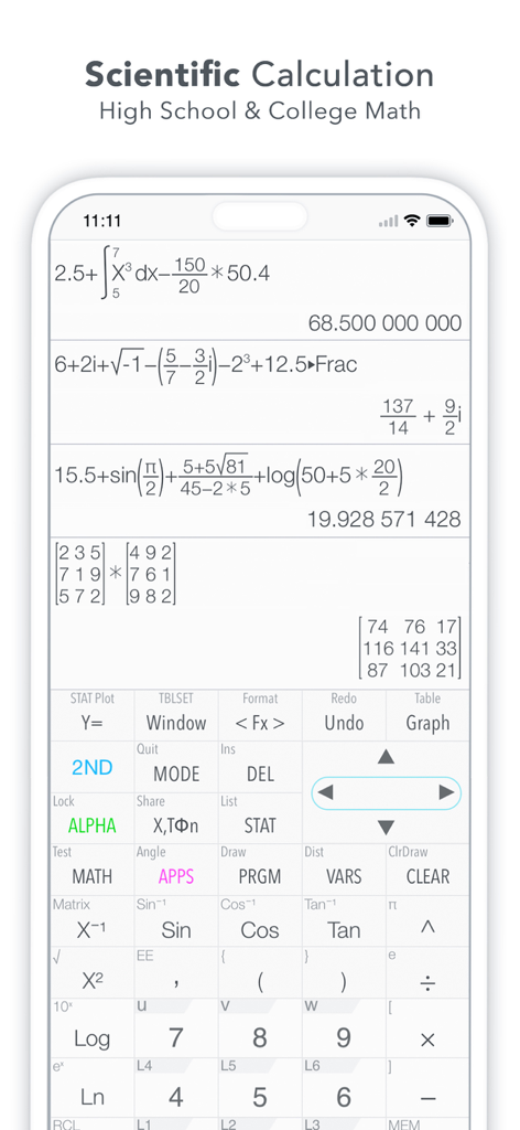 Scientific calculation screen of Graphing Calculator X84 app showing complex math equations and matrices.