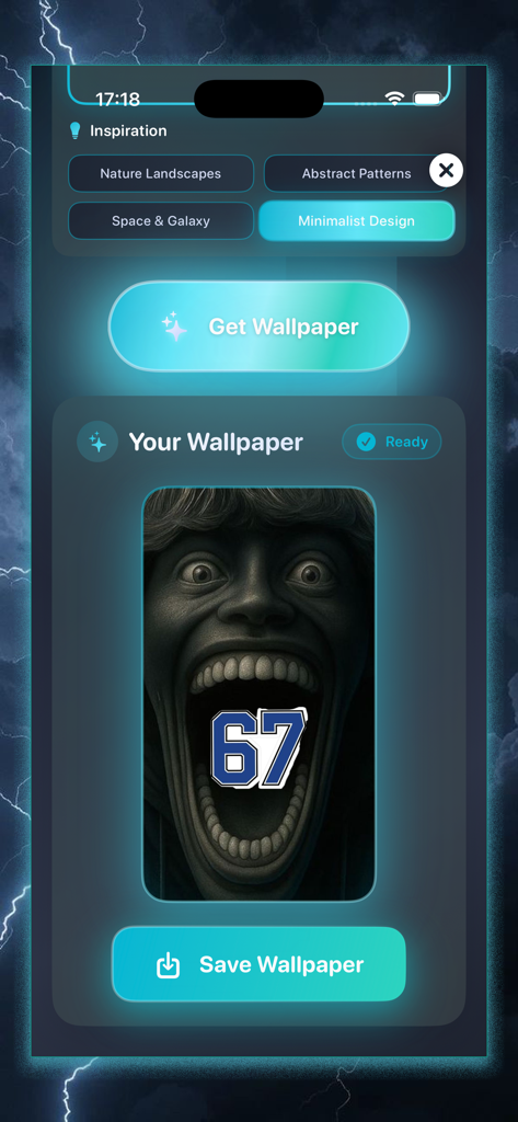 67 meme Wallpaper - The 67 meme Wallpaper app interface showing a preview of a funny character with the number 67 in its mouth.
