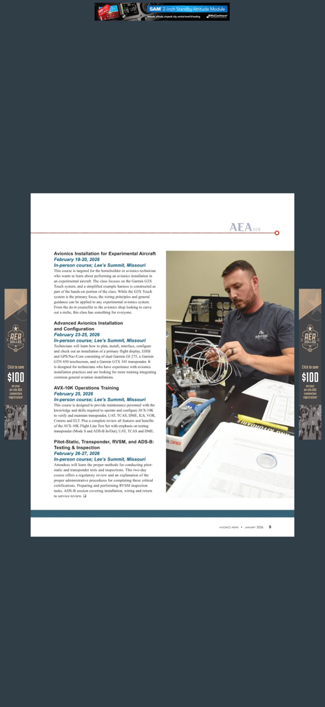 Página de Avionics News Magazine que enumera cursos de formación profesional para técnicos de aviación