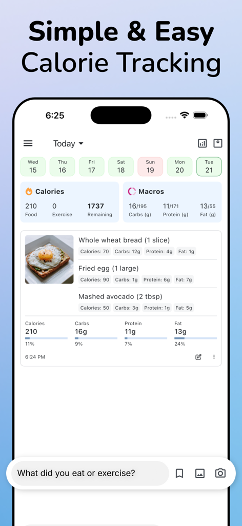 Journable — AI Calorie Counter - Mobile app interface for Journable showing calorie and macro tracking summaries and a logged meal