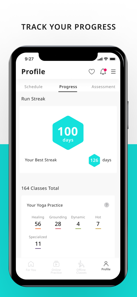 PURE360生活平台-专业瑜伽健身训练 - Página de perfil de la aplicación PURE360 que muestra el historial de práctica de yoga y las rachas de entrenamiento