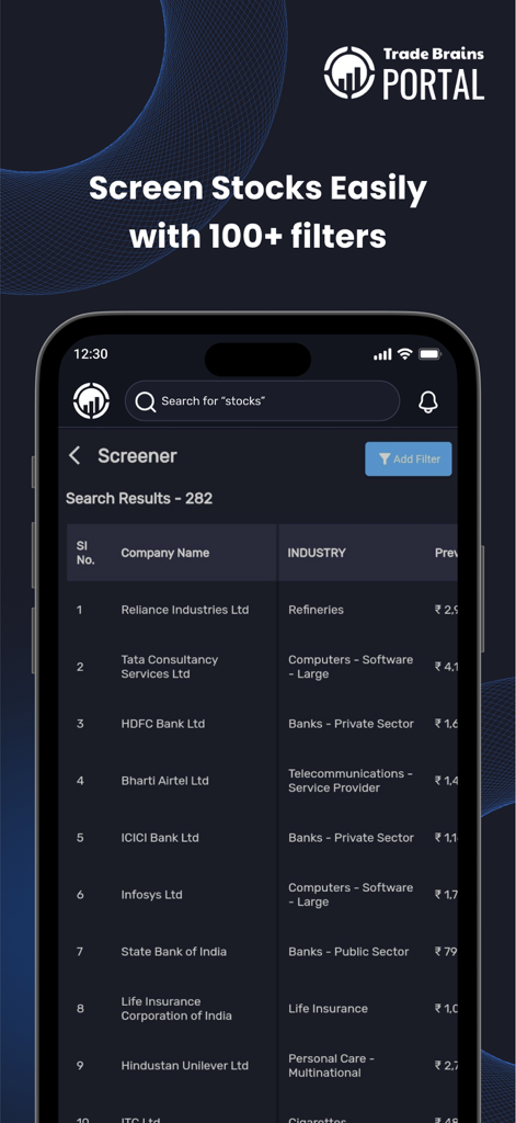 Trade Brains Portal - Trade Brains Portal app showing a list of Indian companies in the stock screener tool