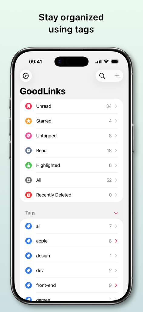 GoodLinks - GoodLinks app interface showing categories and tags for link organization on iPhone