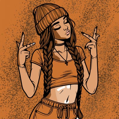 realistic teenage girl with braids and a beanie and crop top doing 🫶🏼