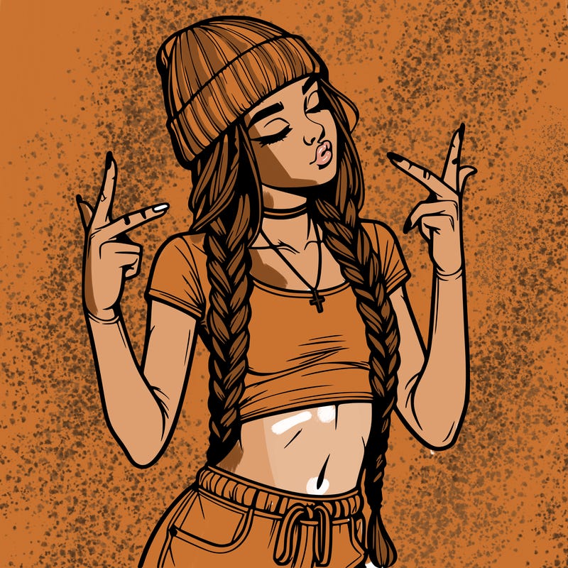 realistic teenage girl with braids and a beanie and crop top doing 🫶🏼