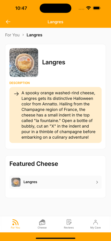 Fromag.io: The Cheese App - Un profilo dettagliato del formaggio Langres sull'app mobile Fromagio che mostra la sua descrizione e una foto in primo piano.