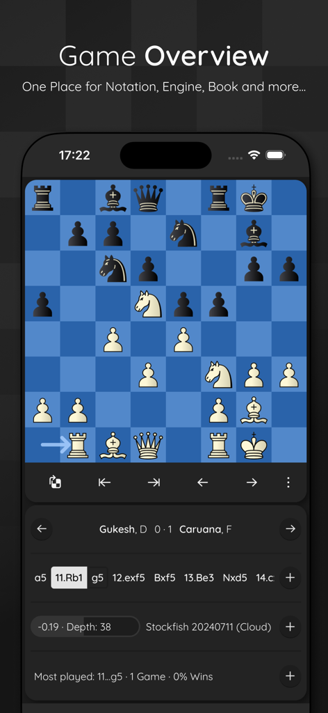 ChessBase Mobile - チェスベースモバイルアプリのプロフェッショナルなチェス分析画面。グケシュとカルアナの対局が表示され、エンジンの評価と棋譜表記が示されている