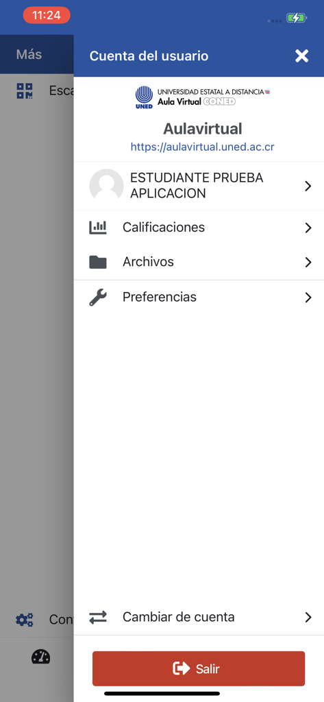 Menú de cuenta de usuario de la app Campus Virtual UNED mostrando opciones de calificaciones y archivos