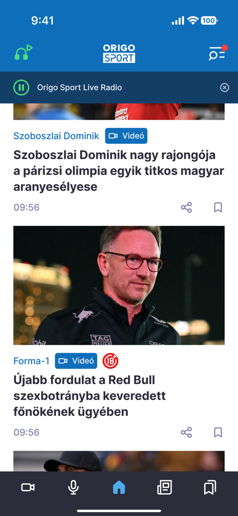 Origo Sport - Interface du flux d'actualités de l'application mobile Origo Sport montrant des articles sur Dominik Szoboszlai et la Formule 1