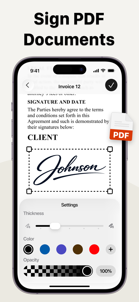 Signature: Fill and Sign PDF - A smartphone screen showing a PDF document being digitally signed with customizable signature settings for color and thickness.