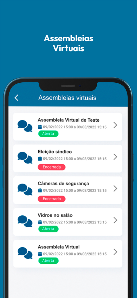 A smartphone screen from the Condomob app displaying a list of virtual community assemblies with statuses like open and closed.