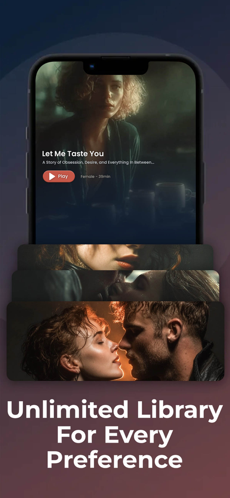 Whisper Stories app interface featuring a romantic audio story title and a diverse story library.