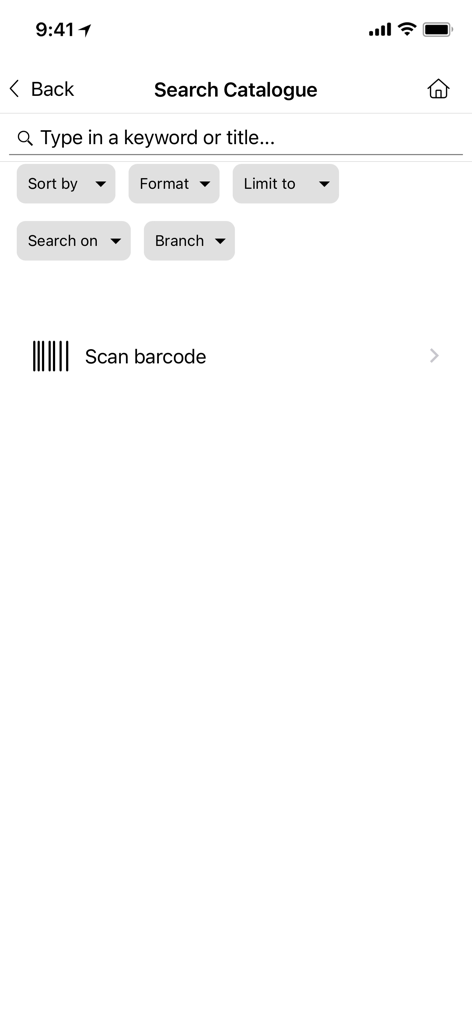 Bayside Libraries - Pantalla de búsqueda del catálogo de la aplicación Bayside Libraries que muestra una barra de búsqueda de palabras clave, filtros por formato y sucursal, y una opción de escanear código de barras.