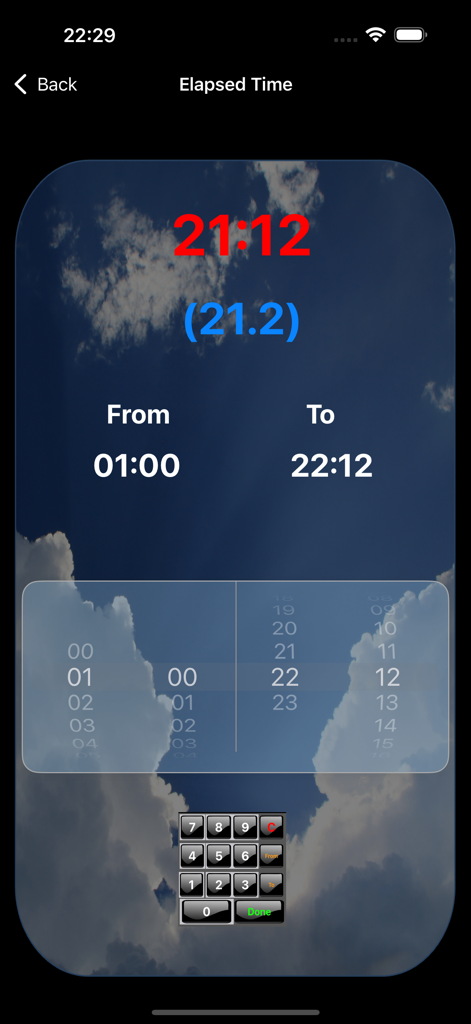 Flight-Time - Schermata di calcolo del tempo trascorso nell'app Flight-Time che mostra ore e minuti tra due orari di volo selezionati.