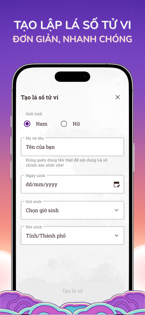 Thái Âm - Tử Vi 2026 - Der Registrierungsbildschirm zur Erstellung eines personalisierten vietnamesischen Horoskops in der Thai Am App.
