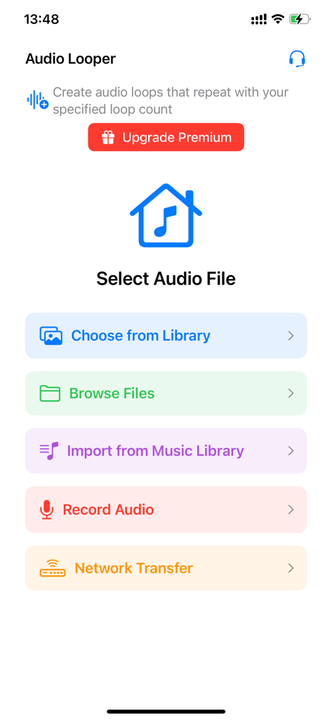 Audio Looper - Audio Repeater - Main interface of the Audio Looper app showing options to import audio from the library files or record new audio for looping.