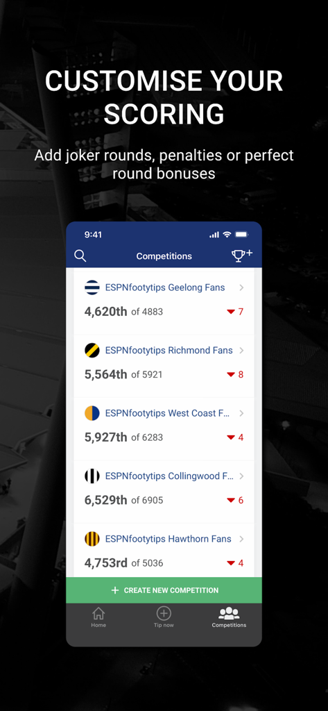Una captura de pantalla de la aplicación footytips que muestra opciones de puntuación personalizadas y tablas de clasificación de competiciones de aficionados para equipos de la AFL.