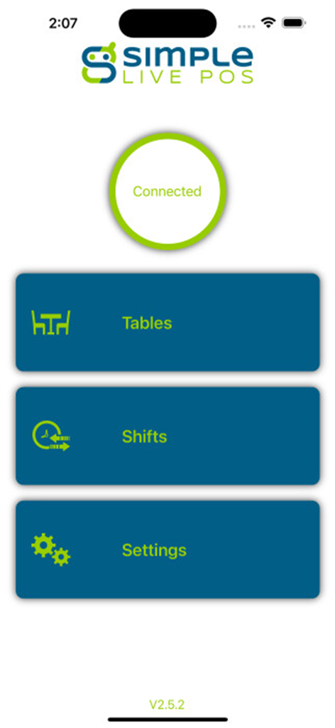Simple Mobile - Simple Mobile POS app main interface featuring buttons for Tables Shifts and Settings