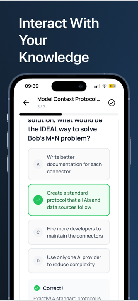 Screenshot eines interaktiven KI-Quiz in der KI in einer Shell-App, der eine richtig beantwortete Multiple-Choice-Frage zeigt