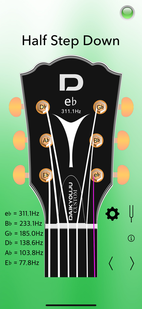 Acoustic Guitar Tuner Pro - Interfaz del Afinador de Guitarra Acústica Pro que muestra el modo de afinación de medio tono abajo con frecuencias de cuerda específicas en Hz