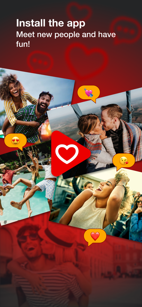 Match and Meet - Dating app - Pantalla promocional de la aplicación de citas Match and Meet con parejas y amigos felices con emojis de corazón de interacción social