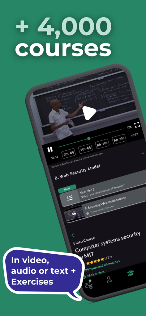 Mobile interface of Cursa app featuring a free video course on web security with exercises