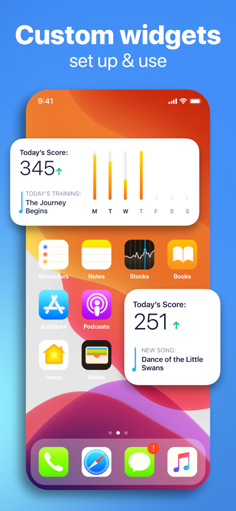 Hello Piano: Learn Pro Lessons - Widget personalizzati di Hello Piano sulla schermata home di un iPhone che mostrano i punteggi di progresso giornalieri e le informazioni sull'allenamento delle canzoni