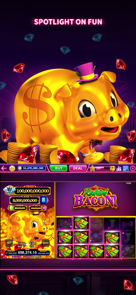 Mystic Slots® - Casino Games - Captura de pantalla del juego móvil Mystic Slots que muestra la máquina tragamonedas Rakin Bacon con una hucha dorada.