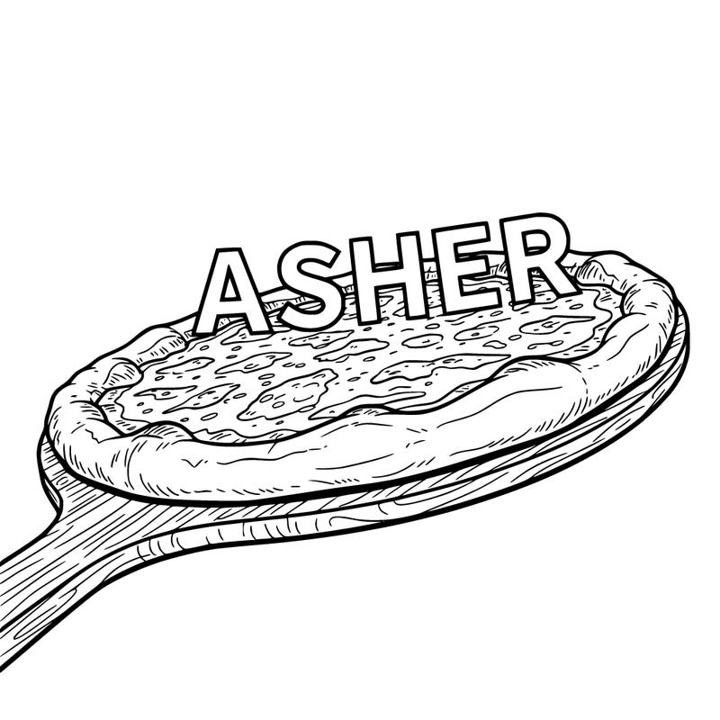 pizza with no pepperoni that has asher written on it.
