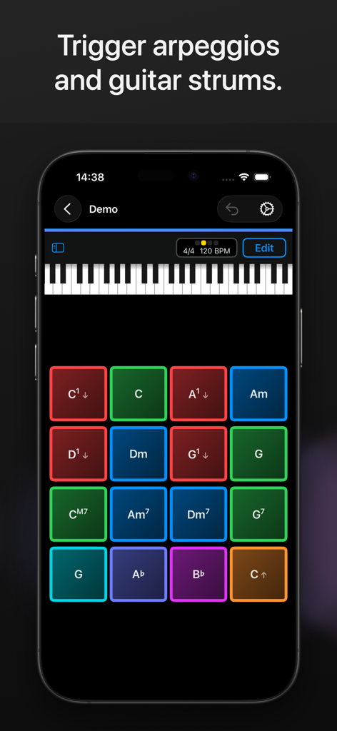 ChordPadX 2 - ChordPadX 2 mobile interface showing colorful chord pads and a piano keyboard for triggering arpeggios