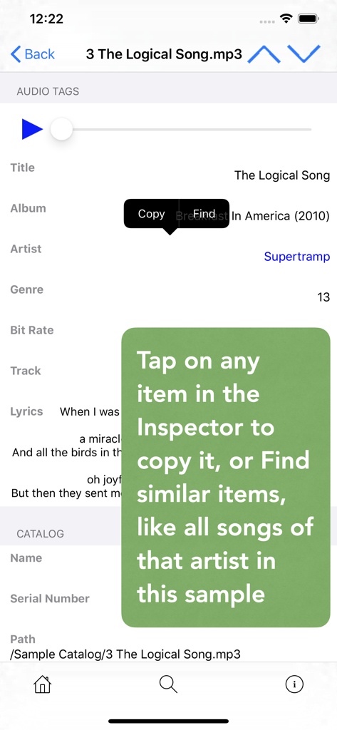 NeoFinder - NeoFinder app interface showing detailed audio tags and metadata for an MP3 file with search and copy options.