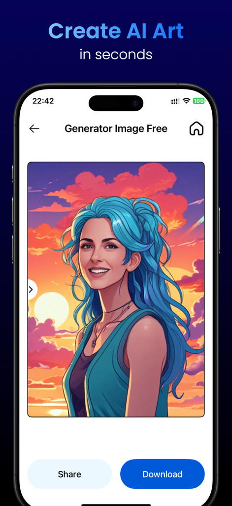 AuraAI: Photo Generator - Mobile app interface displaying an AI generated anime style portrait of a woman with blue hair