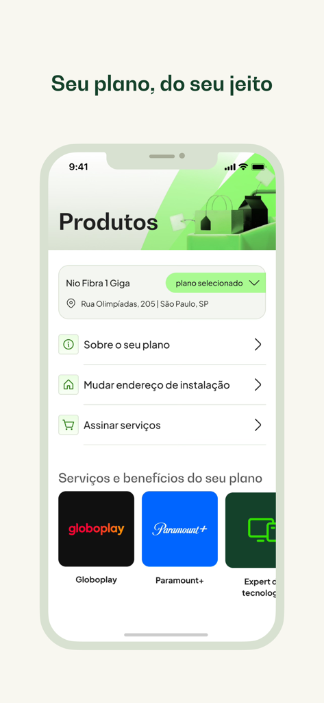 Interface do aplicativo móvel para internet fibra Nio mostrando detalhes do plano do usuário e benefícios de streaming