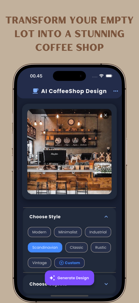 AI Coffee Shop Decorations - AI Coffee Shop Design app interface with cafe visualization and style selector