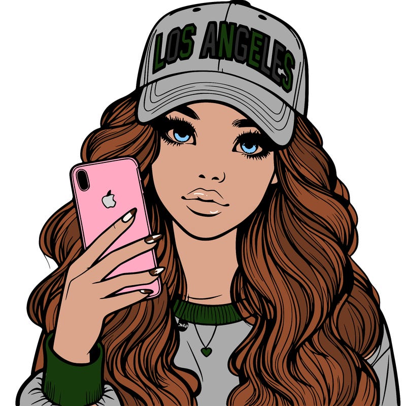 realistic beautiful girl wearing los ángeles cap holding an iphone