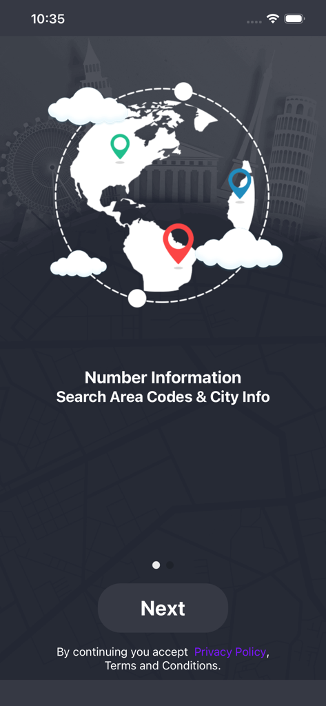 Find Phone Number Location - Pantalla de introducción de la aplicación mostrando texto para la búsqueda de información de números y la consulta de códigos de área con una ilustración de un globo terráqueo.