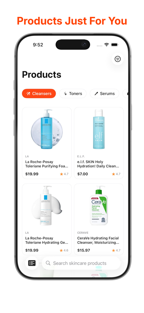 Personalized skincare product recommendations in the Glemi app including cleansers and toners