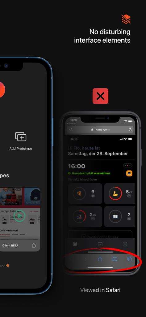 'Proto' for Figma - 煩雑なUIバーが表示されるモバイルブラウザで表示されたプロトタイプと、Protoアプリのクリーンなフルスクリーン表示とのサイドバイサイド比較。