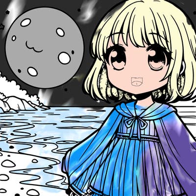 manga character, girl, on moonlit beach