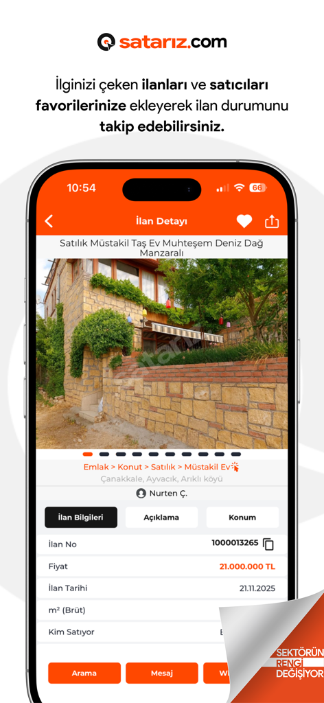 satarız. - A detailed real estate listing for a stone house with sea views displayed on the Satariz mobile app interface.