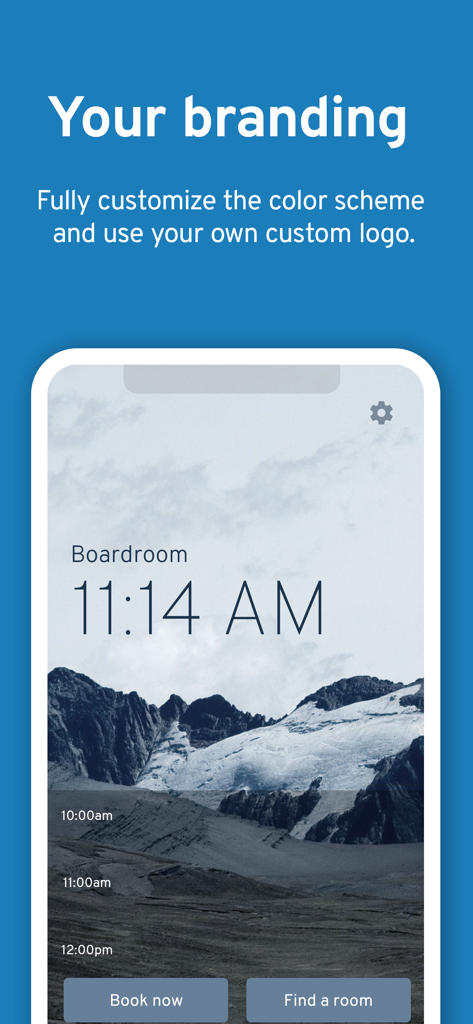Meeting room display app interface with custom branding and background