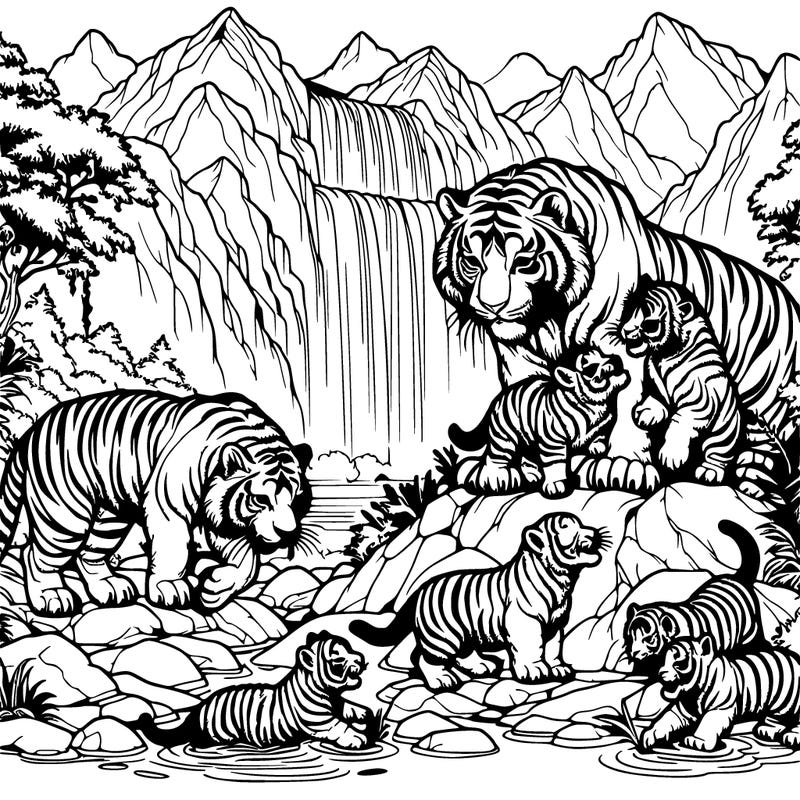 a huge mummy tiger and a little baby tiger standing on a mountain next to its mum and other ones that are tigers with a waterfall in the background one is drinking it and the others are playing around and tackling each other and the old ones like the mummy and daddy are sitting down on a rock