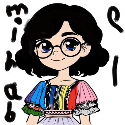 one girl with medium short hair, which are wavy. she has round glasses. she wears a latina outfit.