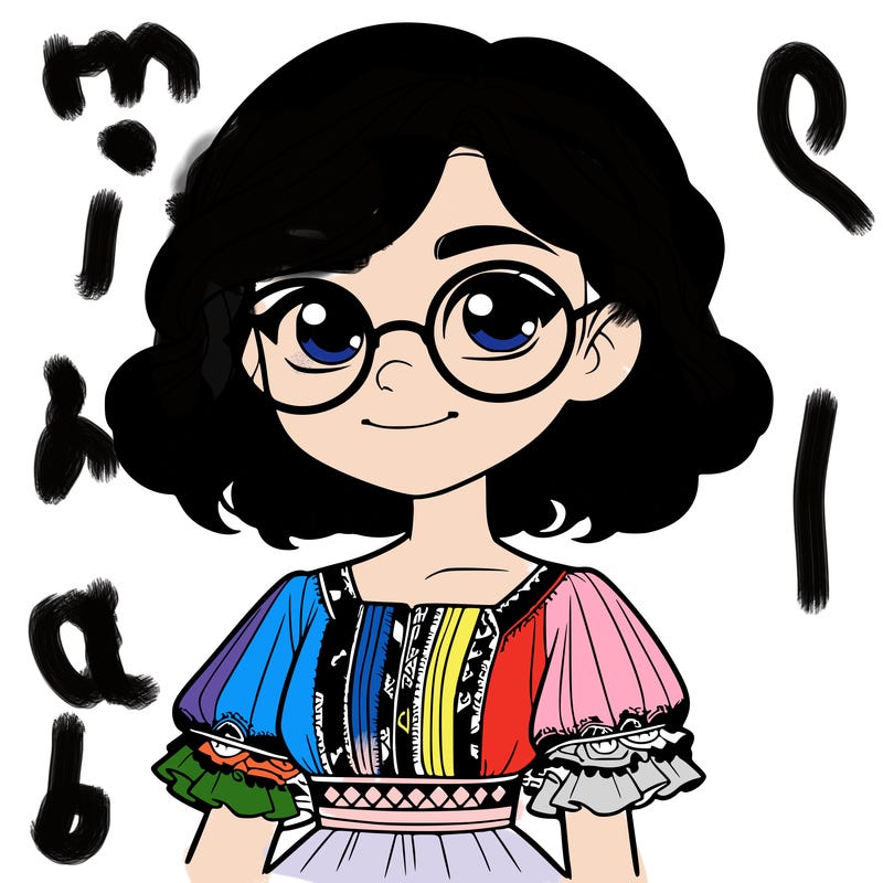 one girl with medium short hair, which are wavy. she has round glasses. she wears a latina outfit.